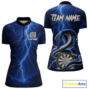 Blue Lightning Thunder Cobra Darts Shirt For Women Custom Darts League Team Jersey Polo & 1/4 Zip TDM4895