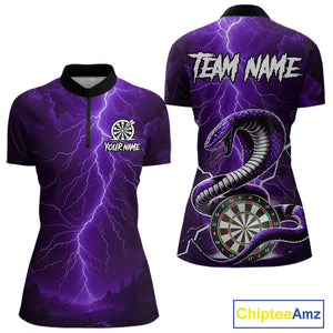 Purple Lightning Thunder Cobra Darts Shirt For Women Custom Darts League Team Jersey Polo & 1/4 Zip TDM4896