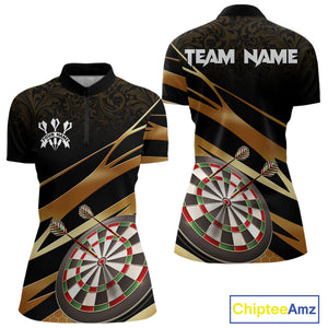 Black And Gold Dart Shirts For Women Custom 3D Dartboard Jersey, Darts Team Polo & Quarter Zip TDM4094