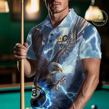 Load image into Gallery viewer, Man wearing a blue lightning eagle billiard jersey beside a pool table front view.