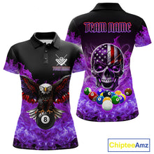 Load image into Gallery viewer, Women’s purple flame eagle skull billiard polo shirt with American flag artwork for pool league players.