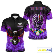Load image into Gallery viewer, Men’s purple flame eagle skull billiard polo shirt with American flag artwork for pool league players.