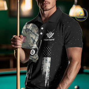 Grunge Camo Skull American Flag Billiard Shirt For Men Custom Patriotic 8 Ball Pool Team Jersey TDM4276