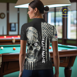 Grunge Camo Skull American Flag Billiard Shirt For Women Custom Patriotic 8 Ball Pool Team Jersey TDM4276
