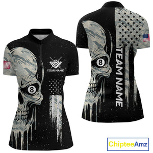 Grunge Camo Skull American Flag Billiard Shirt For Women Custom Patriotic 8 Ball Pool Team Jersey TDM4276
