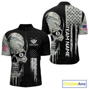 Grunge Camo Skull American Flag Billiard Shirt For Men Custom Patriotic 8 Ball Pool Team Jersey TDM4276
