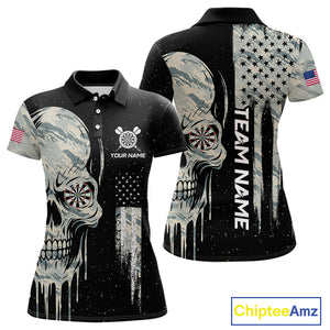 Grunge Camo Skull American Flag Dart Shirt For Women Custom Patriotic Dart Jersey Team Polo, 1/4 Zip TDM4277