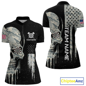 Grunge Camo Skull American Flag Dart Shirt For Women Custom Patriotic Dart Jersey Team Polo, 1/4 Zip TDM4277