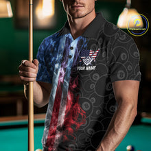 Load image into Gallery viewer, Man wearing a smoke American flag 8 ball billiard jersey front view.