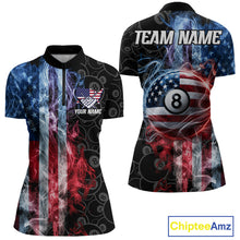 Load image into Gallery viewer, Smoke American flag 8 ball pool quarter zip billiard shirt for women, patriotic team jersey.