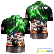 Load image into Gallery viewer, Green lightning thunder American flag bowling quarter zip shirt for men, custom league team jersey.