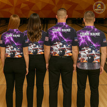 Load image into Gallery viewer, Bowling team wearing matching purple lightning thunder American flag jerseys back view.