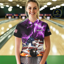 Load image into Gallery viewer, Woman wearing purple lightning thunder American flag bowling quarter zip shirt front view.
