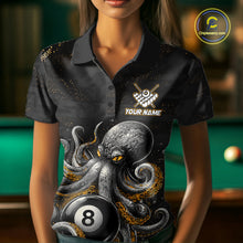 Load image into Gallery viewer, Woman wearing a funny octopus 9 ball billiard jersey front view.