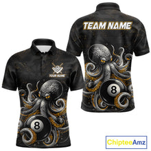 Load image into Gallery viewer, Funny octopus 8 ball custom billiard polo shirt for men with colorful ocean themed graphics.