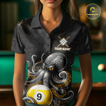 Load image into Gallery viewer, Woman wearing a funny octopus 9 ball billiard jersey front view.