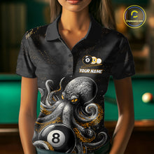 Load image into Gallery viewer, Woman wearing a funny octopus 8 ball and 9 ball billiard jersey front view.