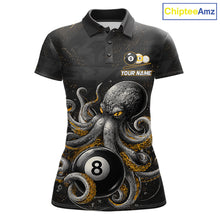 Load image into Gallery viewer, Funny octopus 8 ball and 9 ball billiard polo shirt for women, custom pool team jersey with ocean theme artwork.