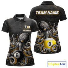 Load image into Gallery viewer, Funny octopus 8 ball and 9 ball billiard polo shirt for women, custom pool team jersey with ocean theme artwork.