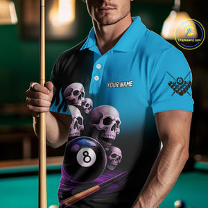 Custom Blue Flaming Grim Reaper 8 Ball Pool Billiard Shirt For Men, Funny Skull Pool Team Jersey TDM4280