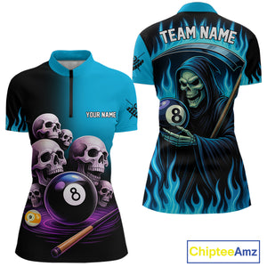 Custom Blue Flaming Grim Reaper 8 Ball Pool Billiard Shirt For Women, Funny Skull Pool Team Jersey TDM4280