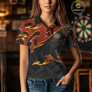 Custom Black And Orange Tribal Flame Dart Shirts For Women, Darts Team Jerseys Polo & Quarter Zip TDM4285