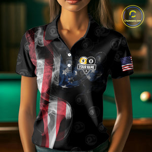 Customized Vintage Smoke US Flag Ball Billiard Shirt For Women, 8 Ball & 9 Ball Patriotic Pool Jersey TDM4467