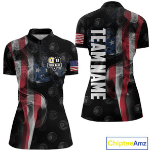 Customized Vintage Smoke US Flag Ball Billiard Shirt For Women, 8 Ball & 9 Ball Patriotic Pool Jersey TDM4467