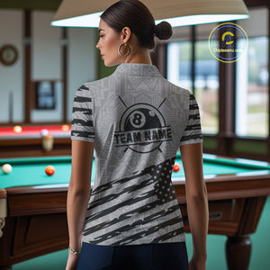 Personalized Grey US Flag 8 Ball Billiard Shirt For Women Custom Billiard Team Shirt, Pool Jerseys TDM4903