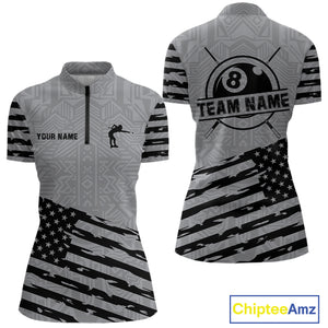 Personalized Grey US Flag 8 Ball Billiard Shirt For Women Custom Billiard Team Shirt, Pool Jerseys TDM4903
