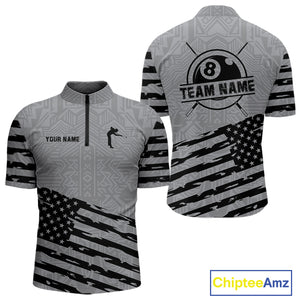 Personalized Grey US Flag 8 Ball Billiard Shirt For Men Custom Billiard Team Shirt, Pool Jerseys TDM4903