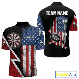 Personalized Grunge American Flag Men's Dart Shirts Custom Patriotic Darts Team Jersey Polo & 1/4 Zip TDM4907