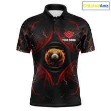 Load image into Gallery viewer, Men’s black and red flame 8 ball eyes pool polo shirt with bold billiard team graphics.