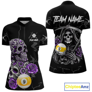 Personalized Purple Funny Skull Roses 9 Ball Billiard Shirt For Women Custom Pool Team Shirt Design TDM4478