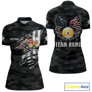 Personalized Camouflage US Flag Billiard Shirt For Women, Funny Patriotic 9 Ball Wings Pool Jersey TDM4479