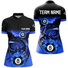 Load image into Gallery viewer, Blue Grim Reaper Flame 8 Ball Pool Billiard Shirts For Women Custom Billiard League Team Jerseys TDM2646