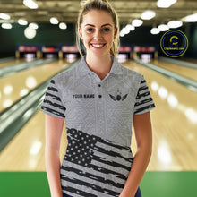 Load image into Gallery viewer, Woman wearing a grey American flag bowling polo shirt during league play front view.