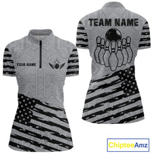 Load image into Gallery viewer, Grey American flag bowling quarter zip shirt for women with personalized bowling team style.