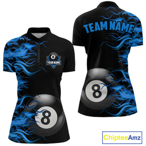 Personalized Blue Flaming 8 Ball Billiard Shirt For Women Custom Pool Team Jersey Polo & 1/4 Zip TDM4712