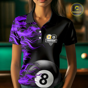 Purple Flaming 8 Ball & 9 Ball Billiard Shirt For Women Custom Pool Team Jersey Polo & 1/4 Zip TDM4713