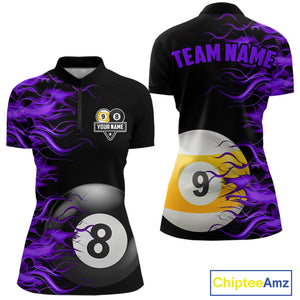 Purple Flaming 8 Ball & 9 Ball Billiard Shirt For Women Custom Pool Team Jersey Polo & 1/4 Zip TDM4713