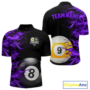 Purple Flaming 8 Ball & 9 Ball Billiard Shirt For Men Custom Pool Team Jersey Polo & 1/4 Zip TDM4713
