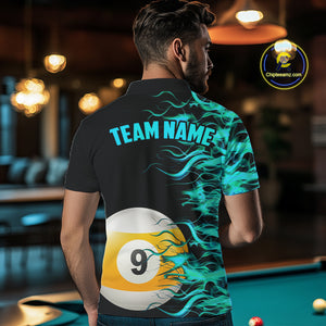 Turquoise Flaming 8 Ball & 9 Ball Billiard Shirt For Men Custom Pool Team Jersey Polo & 1/4 Zip TDM4714