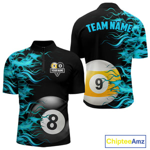 Turquoise Flaming 8 Ball & 9 Ball Billiard Shirt For Men Custom Pool Team Jersey Polo & 1/4 Zip TDM4714