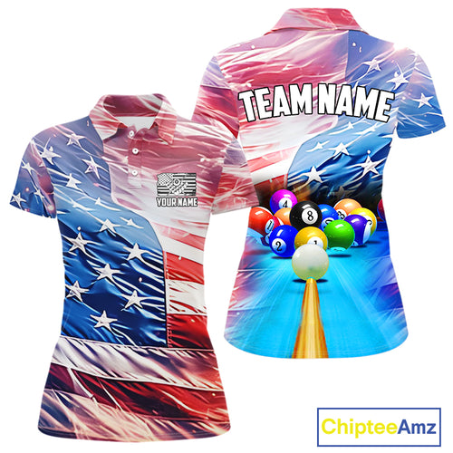 Personalized Glowing Patriotic American Flag 8 Ball Billiard Shirt For Women – Custom Pool Jersey TDM4117