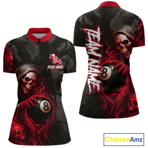 Grim Reaper Custom Flame 8 Ball Pool Billiard Shirt For Women, Black And Red Billiard Team Jerseys TDM4120