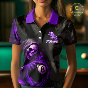 Grim Reaper Custom Flame 8 Ball Pool Billiard Shirt For Women, Purple Black Billiard Team Jersey TDM4121