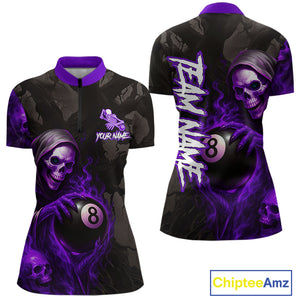 Grim Reaper Custom Flame 8 Ball Pool Billiard Shirt For Women, Purple Black Billiard Team Jersey TDM4121