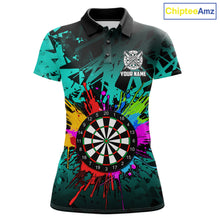 Load image into Gallery viewer, Turquoise funny dartboard darts shirt for women with colorful vibrant graphics and custom league style.
