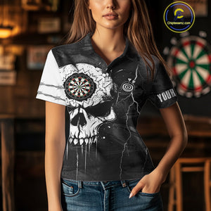 Custom Black And White Grunge Skull Dart Shirts For Women | Team Darts Jerseys - Polo & Quarter Zip TDM3955